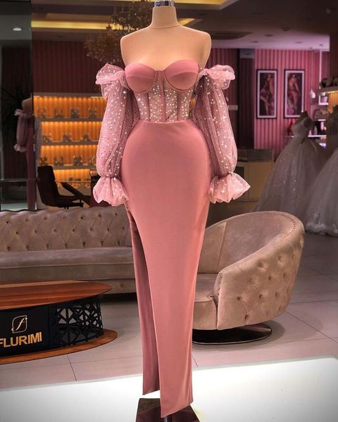 2021 pink off shoulder mermaid evening dress dubai side split prom dresses long sleeves graduation party gowns, Black
2021 pink off shoulder mermaid evening dress dubai side split prom dresses long sleeves graduation party gowns, Black