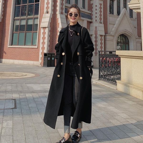 women's wool & blends winter bright button double breasted lace up medium length windbreaker woolen coat for women, Black
women's wool & blends winter bright button double breasted lace up medium length windbreaker woolen coat for women, Black