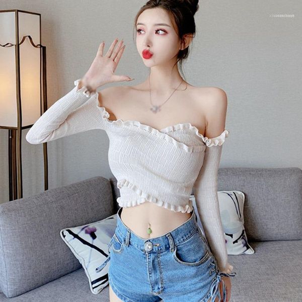 women's t-shirt slash neck ruffles exposed navel knitted long sleeve 1, White
women's t-shirt slash neck ruffles exposed navel knitted long sleeve 1, White