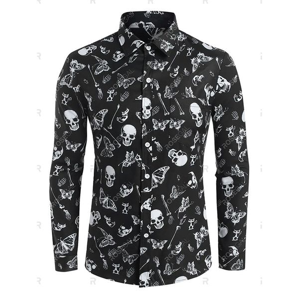 halloween men's skull butterfly pattern shirt, White;black
