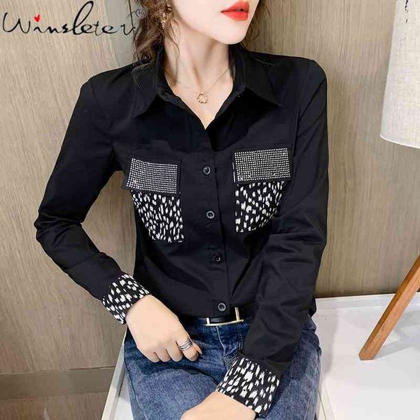 women's blouses & shirts spring fall european style patchwork blouse chic shiny diamonds pockets elegant women button shirt office, White
women's blouses & shirts spring fall european style patchwork blouse chic shiny diamonds pockets elegant women button shirt office, White