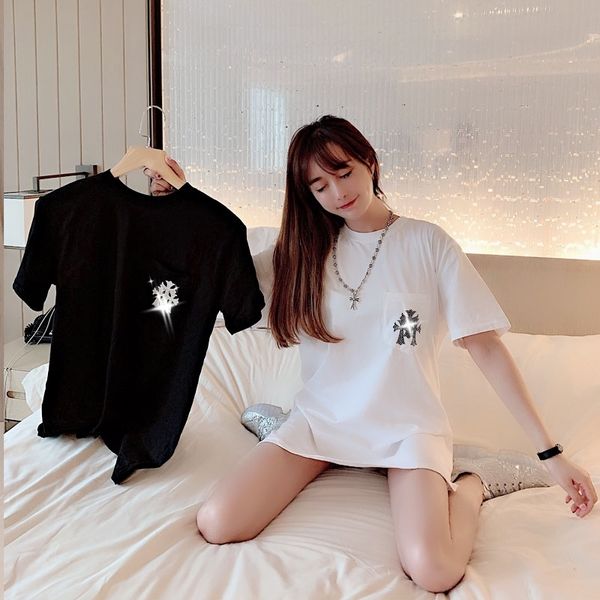 summer hong kong fashion ch brand spring and flash diamond cross short sleeve women's cotton loose street coup, White
summer hong kong fashion ch brand spring and flash diamond cross short sleeve women's cotton loose street coup, White