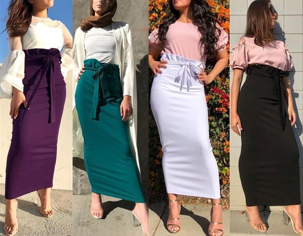 skirts ruffled high waist muslim women lace-up ankle-length pencil skirt bodycon elastic hip long solid streetwear, Black
