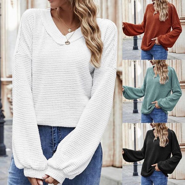 women solid color long sleeve v neck puff knitwear blouse pullover clothing women's t-shirt, White
women solid color long sleeve v neck puff knitwear blouse pullover clothing women's t-shirt, White