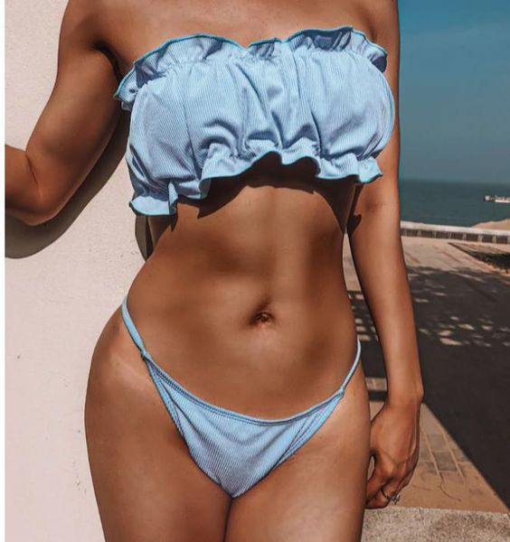 women's swimwear bandeau bikini set high cut blue bathing suit summer strapless ruffle ruched bra and thong two pieces, White;black
women's swimwear bandeau bikini set high cut blue bathing suit summer strapless ruffle ruched bra and thong two pieces, White;black