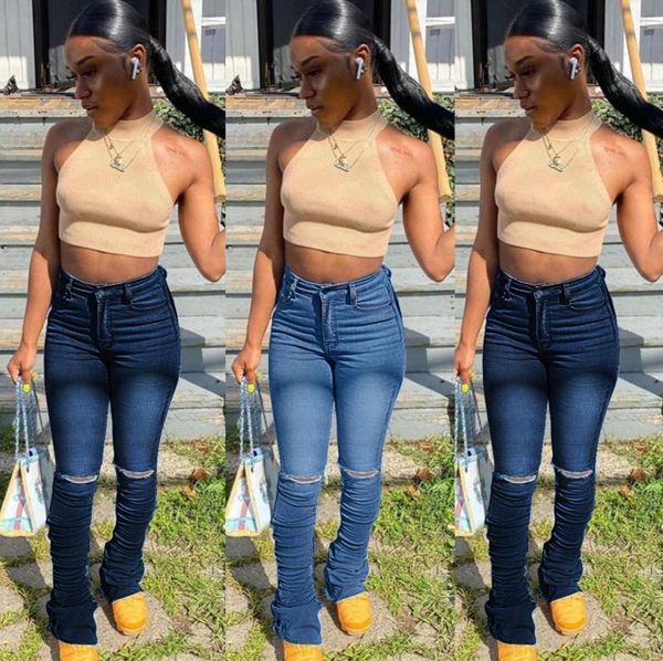 women stacked leggings, casual high waist skinny ruched bell bottom denim pants with ripped holes women's jeans, Blue
women stacked leggings, casual high waist skinny ruched bell bottom denim pants with ripped holes women's jeans, Blue