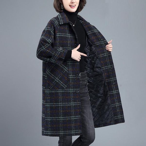 women's wool & blends flannel woolen overcoat 2021 winter thickened loose large medium length plaid fashion temperament coat, Black
women's wool & blends flannel woolen overcoat 2021 winter thickened loose large medium length plaid fashion temperament coat, Black