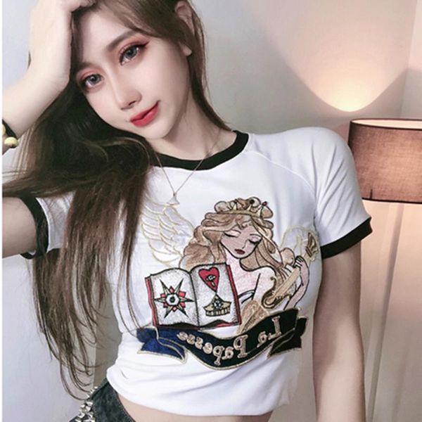 short slim -fit short-sleeved t-shirt women 's summer super embroidered instafamous design sense cute tight women's, White
short slim -fit short-sleeved t-shirt women 's summer super embroidered instafamous design sense cute tight women's, White