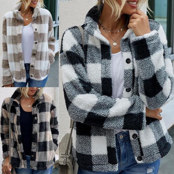 women turn down collar long sleeve plaid coat pockets buttons warm fluffy jacket wholesale drop women's jackets, Black;brown
women turn down collar long sleeve plaid coat pockets buttons warm fluffy jacket wholesale drop women's jackets, Black;brown
