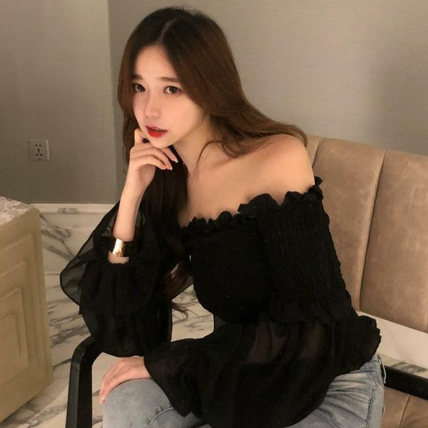 women ruffles shirts slash neck long sleeve off shoulder stretchy chiffon tee girls solid blouses for, White 
women ruffles shirts slash neck long sleeve off shoulder stretchy chiffon tee girls solid blouses for, White