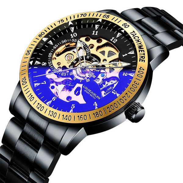 

wristwatches luxury men's skeleton automatic watches black stainless steel men mechanical sport watch waterproof male clock relogio mas, Slivery;brown