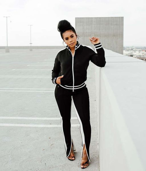 off women's tracksuits y8055 shoulder sports two piece fashion suit, Gray