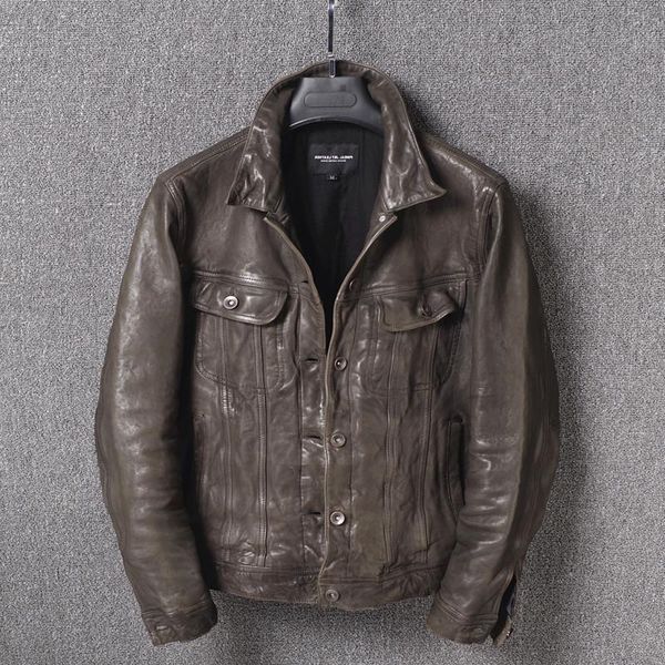 men's leather & faux vintage genuine japanese slim fit sheepskin denim shirt style jacket men washed coat male, Black
men's leather & faux vintage genuine japanese slim fit sheepskin denim shirt style jacket men washed coat male, Black