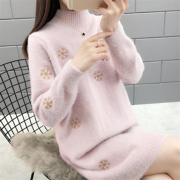 women's sweaters autumn winter fashion mid long half high collar faux mink cashmere sweater dress women loose embroidery sleeve female, White;black
women's sweaters autumn winter fashion mid long half high collar faux mink cashmere sweater dress women loose embroidery sleeve female, White;black