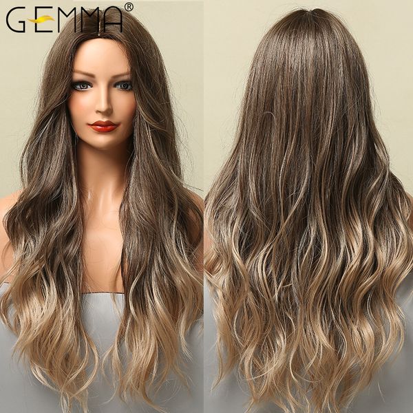 long wavy ombre brown blonde highlight synthetic wigs for women afro natural middle part cosplay heat resistant hair wigs, Black
long wavy ombre brown blonde highlight synthetic wigs for women afro natural middle part cosplay heat resistant hair wigs, Black