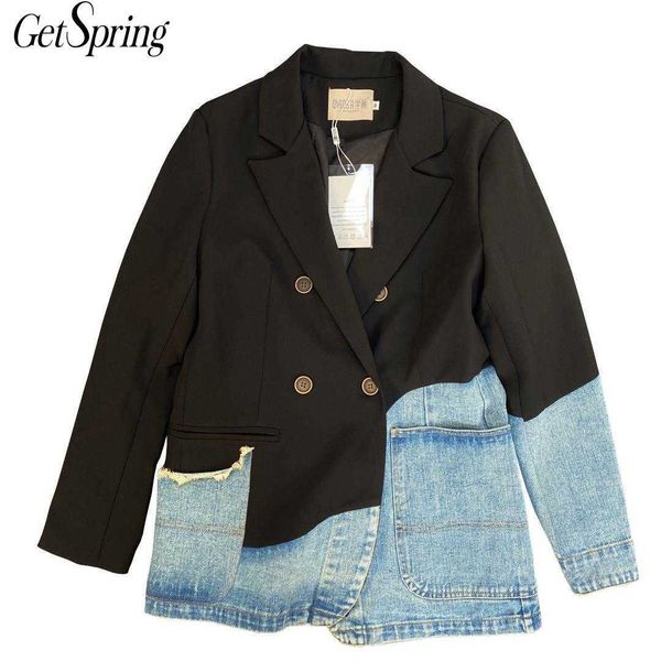getspring women blazer denim patchwork plaid s jackets vintage casual asymmetry coats fashion 210601, White;black
getspring women blazer denim patchwork plaid s jackets vintage casual asymmetry coats fashion 210601, White;black