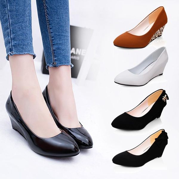 dress shoes middle heel and old aged women's bow round head wedge single women large size, Black
