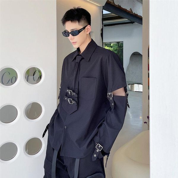 men's casual shirts 2021 locomotive style metal strap long sleeve shirt men's personal tie lapel black white design autumn, White;black
men's casual shirts 2021 locomotive style metal strap long sleeve shirt men's personal tie lapel black white design autumn, White;black