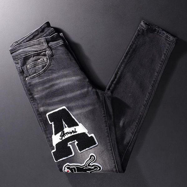 men's jeans american street fashion men retro black gray elastic slim fit ripped patches designer hip hop denim pencil pants, Blue
men's jeans american street fashion men retro black gray elastic slim fit ripped patches designer hip hop denim pencil pants, Blue