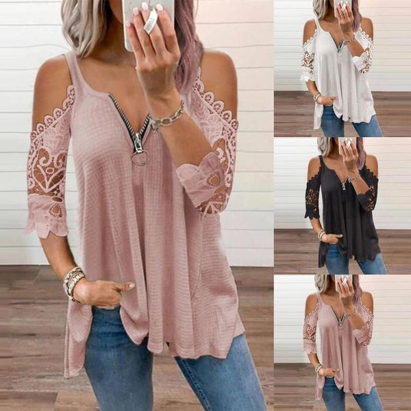 women's t-shirt women summer half sleeve lace shirt casual zipper v neck loose t plus size hollow out sling elegant pullover, White
women's t-shirt women summer half sleeve lace shirt casual zipper v neck loose t plus size hollow out sling elegant pullover, White