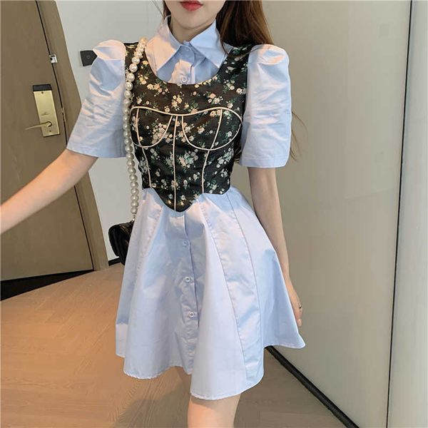 casual fashion korean style white puff short sleeve lapel shirts dress mini camisole floral print vest chic wild 210610
casual fashion korean style white puff short sleeve lapel shirts dress mini camisole floral print vest chic wild 210610