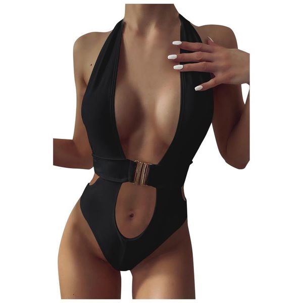 women's swimwear bikinis set solid color halter deep v black buckle design bikini swimsuit summer traje de baño para mujer, White;black
women's swimwear bikinis set solid color halter deep v black buckle design bikini swimsuit summer traje de baño para mujer, White;black