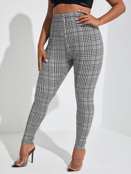 plus houndstooth and plaid print leggings t92w#, Black