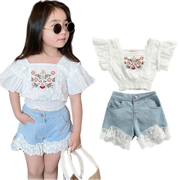 clothing sets 2-8 year girls clothes set floral embroidery flying sleeve square collar lace-joint hole short jeans casual outfits, White
clothing sets 2-8 year girls clothes set floral embroidery flying sleeve square collar lace-joint hole short jeans casual outfits, White