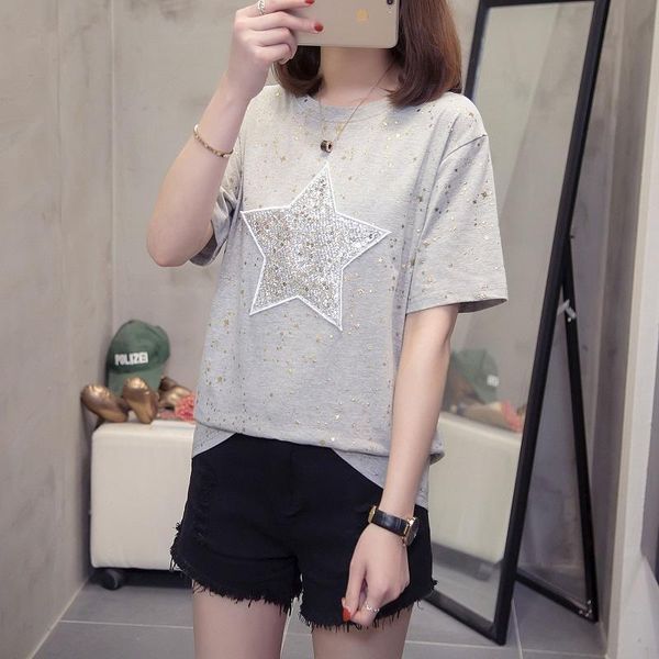 women's t-shirt summer fashion sequins five-pointed star three-dimensional decoration short-sleeved female loose casual women, White
women's t-shirt summer fashion sequins five-pointed star three-dimensional decoration short-sleeved female loose casual women, White