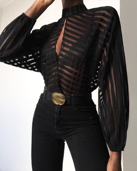 arrival gauze mesh net womens shirts sheer long sleeve striped black front hollow, White
arrival gauze mesh net womens shirts sheer long sleeve striped black front hollow, White