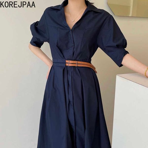 korejpaa women dress summer korean fashion retro elegant lapel double belt waist slim solid color bubble sleeve long dresses 210526, Black;gray
korejpaa women dress summer korean fashion retro elegant lapel double belt waist slim solid color bubble sleeve long dresses 210526, Black;gray