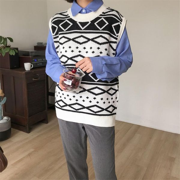 women's sweaters kpop harajuku pullover women 2021 spring style sweater retro ribbed black and white colour block knitting vest, White;black
women's sweaters kpop harajuku pullover women 2021 spring style sweater retro ribbed black and white colour block knitting vest, White;black
