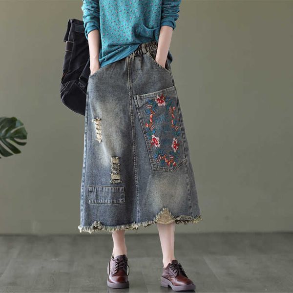 skirts summer spring women vintage embroidery denim skirt casual high waist a-line ankle-length jeans blue faldas xslh, Black 
skirts summer spring women vintage embroidery denim skirt casual high waist a-line ankle-length jeans blue faldas xslh, Black