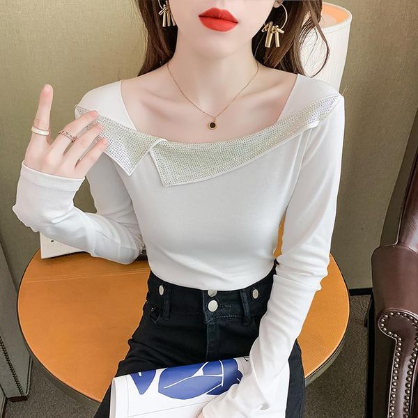women's t-shirt fall winter korean clothes lady cotton shiny diamonds women long sleeve bottoming shirt tees, White
women's t-shirt fall winter korean clothes lady cotton shiny diamonds women long sleeve bottoming shirt tees, White