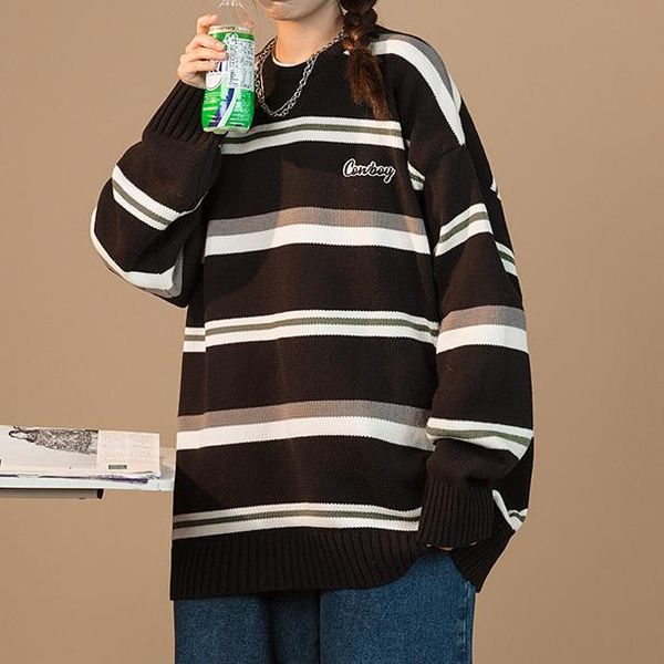 women's sweaters autumn winter 2021 sweater harajuku style oversize knit stripe pullover embroidery japanese streetwear casual jumpers, White;black 
women's sweaters autumn winter 2021 sweater harajuku style oversize knit stripe pullover embroidery japanese streetwear casual jumpers, White;black