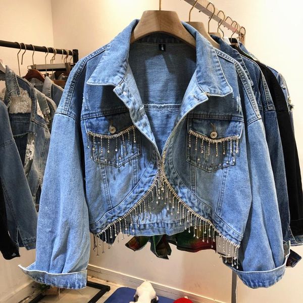 women's jackets 2021 autumn fashion casual long sleeve rhinestone tassel loose solid color denim short coat women jacket k372, Black;brown
women's jackets 2021 autumn fashion casual long sleeve rhinestone tassel loose solid color denim short coat women jacket k372, Black;brown