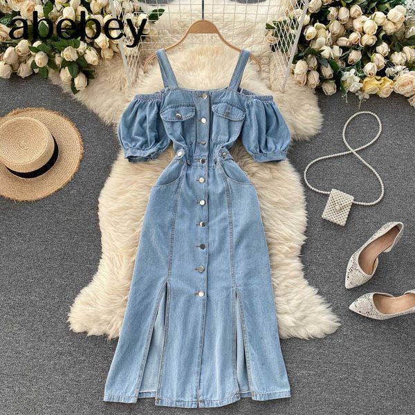 women retro denim strap dress korean puff sleeve single breasted a-line dress summer off shoulder split midi dress 210715, Black;gray
women retro denim strap dress korean puff sleeve single breasted a-line dress summer off shoulder split midi dress 210715, Black;gray