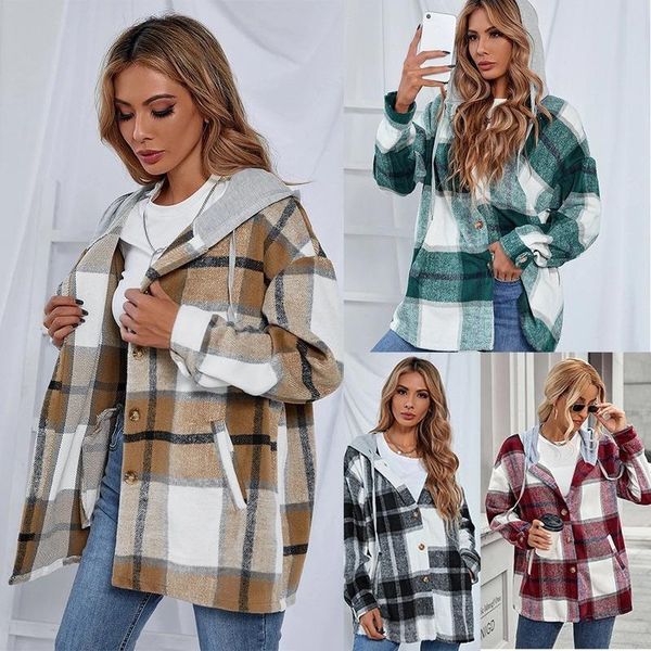 women's wool & blends autumn and winter flannel plaid hooded tweed coat for women, Black
women's wool & blends autumn and winter flannel plaid hooded tweed coat for women, Black
