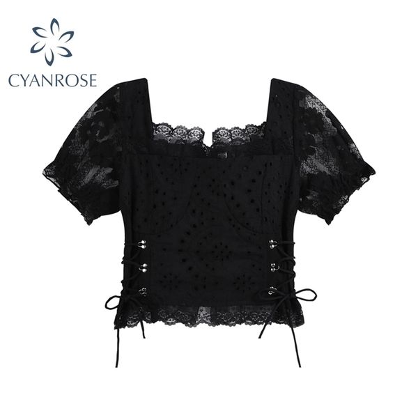 black lace patchwork goth blouses women's streetwear square collar puff short sleeve shirt summer up crop 210515, White
black lace patchwork goth blouses women's streetwear square collar puff short sleeve shirt summer up crop 210515, White