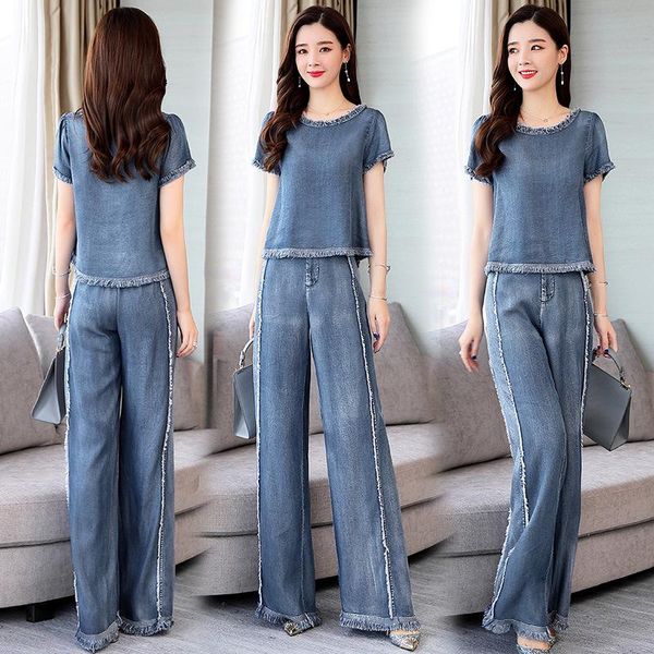 women's tracksuits 2021 summer thin fabric denim splice 2 piece set girls fashion wide leg jeans pants o-neck suit, Gray
women's tracksuits 2021 summer thin fabric denim splice 2 piece set girls fashion wide leg jeans pants o-neck suit, Gray