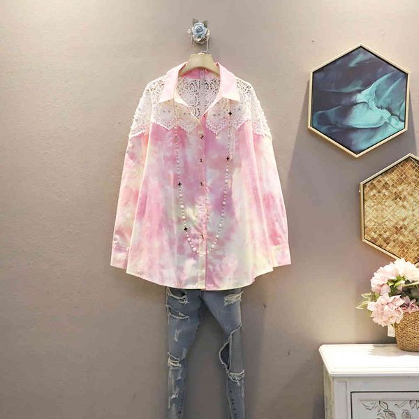 spring new colorful dyeing pattern turn down collar hollow out loose plus size full cardigan women shirts 210421, White
spring new colorful dyeing pattern turn down collar hollow out loose plus size full cardigan women shirts 210421, White