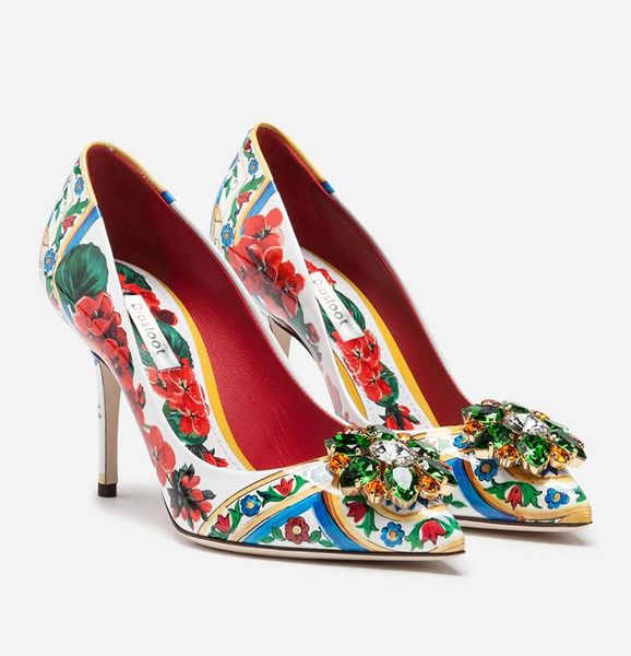 women flower printed leather gemstone pumps thin high heels female crystal pointed toe slip on heeled single shoes dress, Black
women flower printed leather gemstone pumps thin high heels female crystal pointed toe slip on heeled single shoes dress, Black