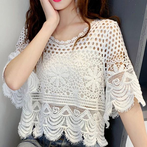 women round neck loose knitted blouses lace hollow out beige holiday summer blouse women's & shirts, White
women round neck loose knitted blouses lace hollow out beige holiday summer blouse women's & shirts, White