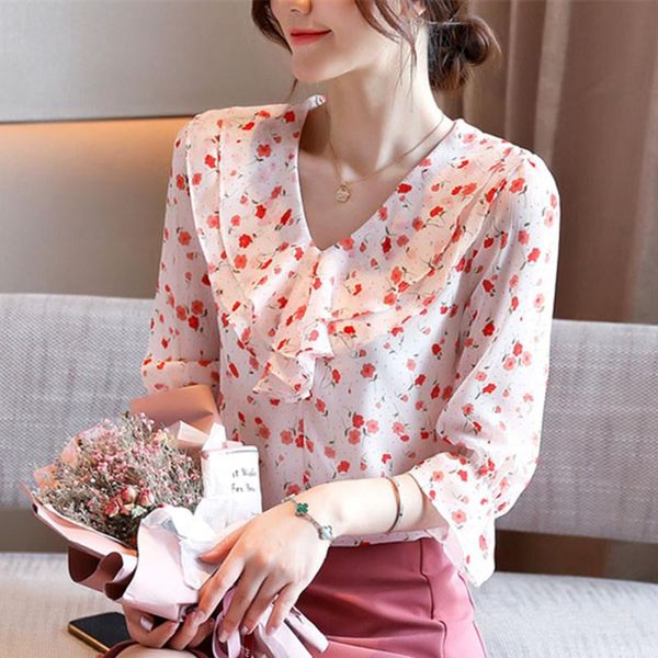 women's blouses & shirts korean women chiffon floral ruffles blouse lady v neck print plus size blusas femininas elegante, White
women's blouses & shirts korean women chiffon floral ruffles blouse lady v neck print plus size blusas femininas elegante, White