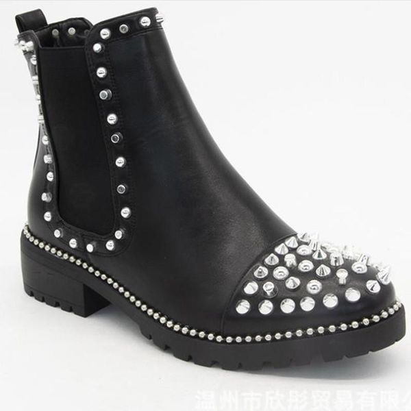 leather runway show ankle boots square heel round toe women rivet slip on woman spring autumn, Black
leather runway show ankle boots square heel round toe women rivet slip on woman spring autumn, Black