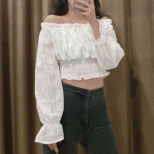 off shoulder white organza blouse shirt women elegant long sleeve summer crop casual short 210415
off shoulder white organza blouse shirt women elegant long sleeve summer crop casual short 210415