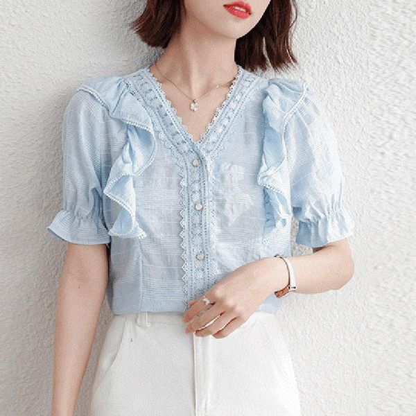 women's blouses & shirts ljsxls ruffles v neck short sleeve chiffon shirt women casual summer 2021 korean fashion elegant solid office, White 
women's blouses & shirts ljsxls ruffles v neck short sleeve chiffon shirt women casual summer 2021 korean fashion elegant solid office, White