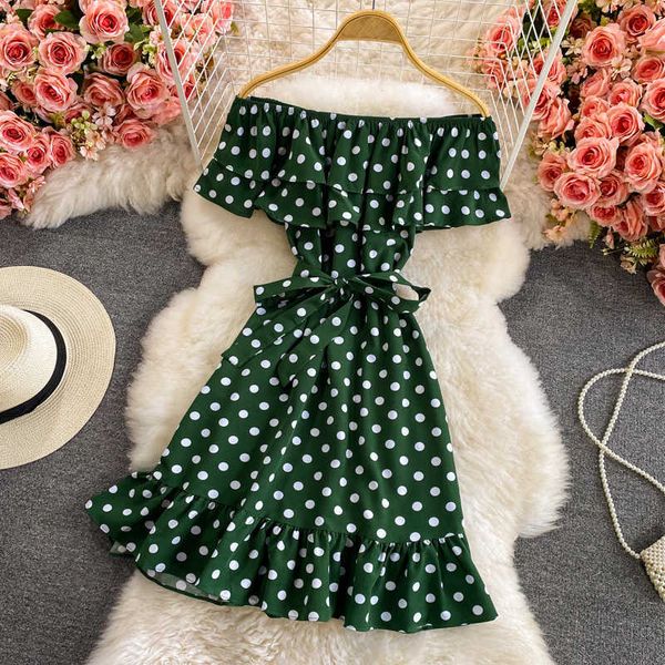 slash neck off shoulder polka dot mini dress women elegant ruffle short sleeve a-line casual high waist vestido summer 2021 y0603, Black;gray
slash neck off shoulder polka dot mini dress women elegant ruffle short sleeve a-line casual high waist vestido summer 2021 y0603, Black;gray