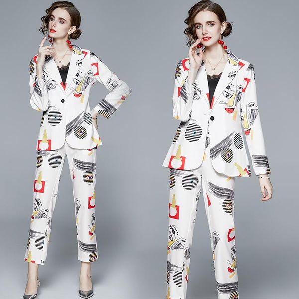 women's two piece pants vintage print blazer coat +pants set autumn winter office jacket suit female fashion ol pant formal, White
women's two piece pants vintage print blazer coat +pants set autumn winter office jacket suit female fashion ol pant formal, White
