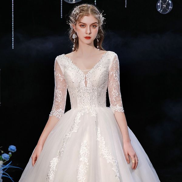 deep v simple 2021 bride new wedding dress princess dream summer f74, Black;gray